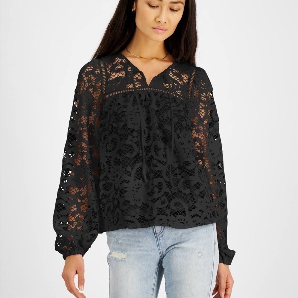 INC INTERNATIONAL CONCEPTS Women's Black Tie-Neck Long-Sleeve Blouse Sz …